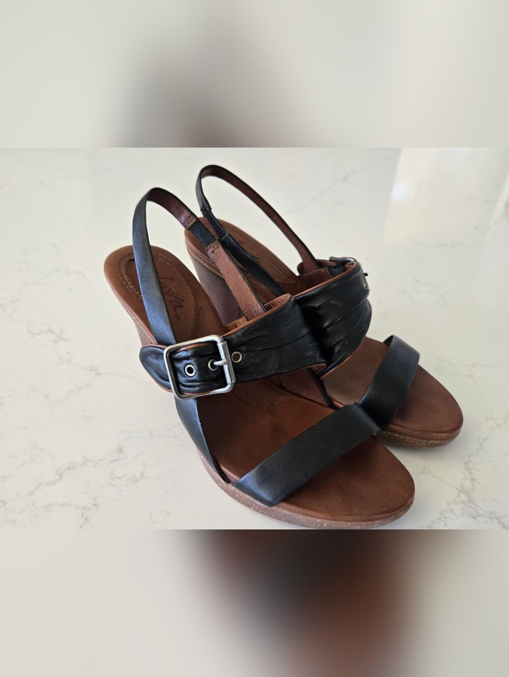 Naya Alamosa Black Leather Slingback Sandals | Block Heel | 7.5